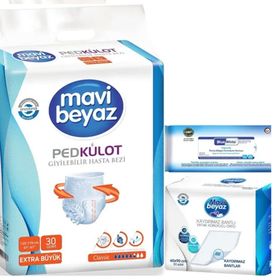 Mavi Beyaz 30 Adet XL Ped Emici Külot Hasta Bezi+30 Adet Yatak Koruyucu+1 Paket Temizleme Havlusu