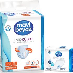 Mavi Beyaz 30 Adet XL Ped Emici Külot Hasta Bezi+60x90 cm 30 Adet Yatak Koruyucu Örtü