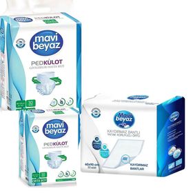 Mavi Beyaz 60 Adet M Orta Ped Emici Külot Hasta Bezi+60x90 cm 30 Adet Yatak Koruyucu Örtü