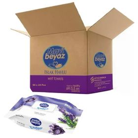 Mavi Beyaz 90 Yaprak Lavanta 24'lü Set 90 Yaprak Plastik Kapaklı Islak Havlu Mendil