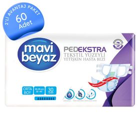 Mavi Beyaz Orta 60 Adet Ped Ekstra Tekstil Yüzeyli Yetişkin Bel Bantlı Hasta Bezi