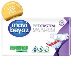 Mavi Beyaz Ped Ekstra Tekstil Yüzeyli Büyük 120 Adet Yetişkin Bel Bantlı Hasta Bezi