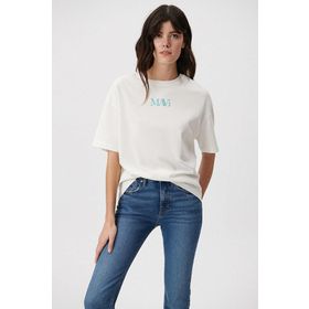 Mavi M1611593-70057 Kırık Beyaz Oversize Logo Kadın T-shirt