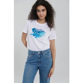 Mavi M1612240-620 Beyaz Regular Mavi Baskılı Kadın T-shirt