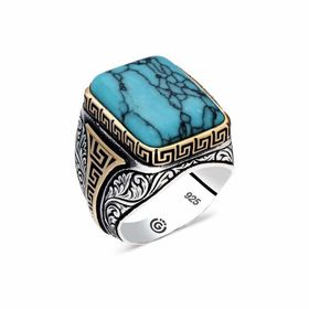 Mavio Gümüş Çizgili Turkuaz Taşlı Köşeli Erkek Yüzük