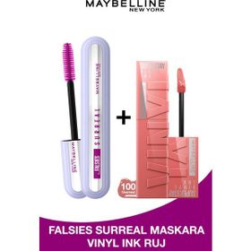 Maybelline Falsies Surreal Maskara + Super Stay Vinyl Ink 100 Charmed Likit Parlak Ruj