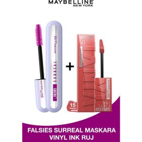 Maybelline Falsies Surreal Maskara + Super Stay Vinyl Ink 15 Peachy Likit Parlak Ruj