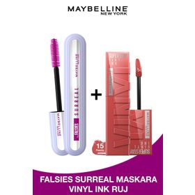 Maybelline Falsies Surreal Maskara + Super Stay Vinyl Ink 15 Peachy Likit Parlak Ruj