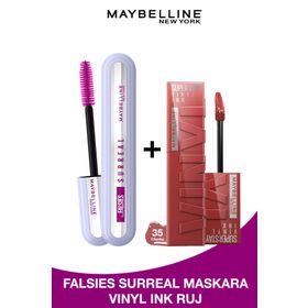 Maybelline Falsies Surreal Maskara + Super Stay Vinyl Ink 35 Cheeky Likit Parlak Ruj