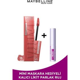 Maybelline Mini Surreal Maskara + Super Stay Vinyl Ink 15 Peachy Likit Parlak Ruj