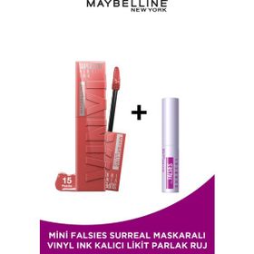 Maybelline Mini Surreal Maskara + Super Stay Vinyl Ink 15 Peachy Likit Parlak Ruj