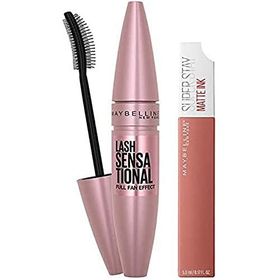Maybelline New York Lash Sensational Ekstra Siyah Maskara & Superstay Likit Mat Ruj 65 Seductress Makyaj Seti