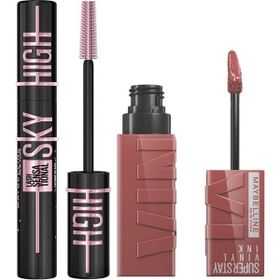 Maybelline New York Lash Sensational Sky High Cosmic Black Maskara Super Stay Vinyl Ink Uzun Süre Kalıcı Likit Parlak Ruj 35 Cheeky Makyaj Seti