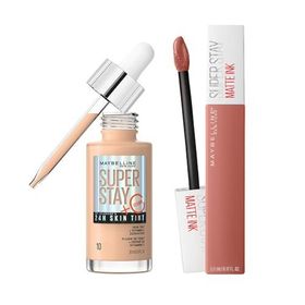 Maybelline New York Super Stay Skin Tint Fondöten 10 Mini Super Stay Matte Ink Likit Mat Ruj 65 Seductress Makyaj Seti