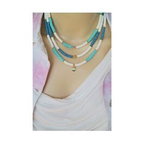 Maycollection Turkuaz Su Yeşili ve Beyaz Fimo Boncuk Gold Nazar Üçlü Tasarım Kolye