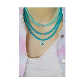 Maycollection Yeşil ve Su Yeşili Fimo Boncuk Gold Nazar Üçlü Tasarım Kolye