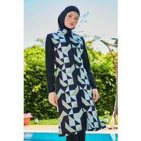 Mayou Siyah Yeşil Geometrik Desenli Kolları Likralı Tesettür Mayo