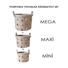 Mbois 03785 Mini Boy Keçe Katlanabilir Çok Amaçlı Ponponlu Yuvarlak Düzenleyici Saklama Kutusu Organizer