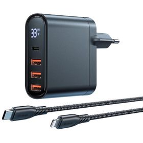 Mcdodo CH-2251 33W 1xType-C 3xUsb Girişli Dijital Göstergeli Şarj Adaptörü + 1.2 m Siyah Type-C to İPhone Kablo