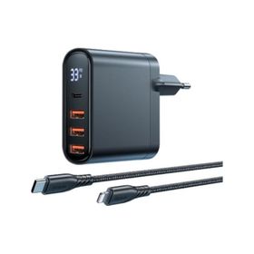 Mcdodo CH-2251 33W 1xType-C 3xUsb Girişli Dijital Göstergeli Şarj Adaptörü + 1.2 m Siyah Type-C to İPhone Kablo