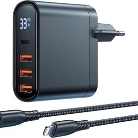 Mcdodo CH-2251 33W 1xType-C 3xUsb Girişli Dijital Göstergeli Şarj Adaptörü + 1.2 m Siyah Type-C to İPhone Kablo