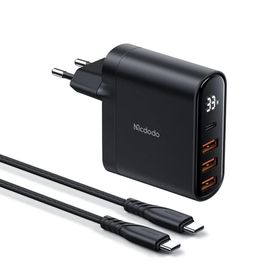 Mcdodo CH-2252 33W 1XTYPE-C 3XUSB Girişli Dijital Göstergeli Şarj Adaptörlü ve 1.2 m Siyah Kablo
