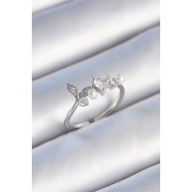 MCM Group Pirinç Gümüş Renk Zirkon Taşlı Kalp Yaprak Model Inci Detay Kadın Yüzük