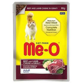 Me-O 80 gr Biftek ve Kuzu Etli Soslu ve Parça Etli Yaş Kedi Maması