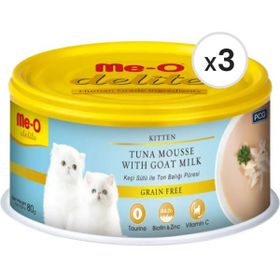 Me-O Delite 80 gr 3 Adet Kitten Ton Balığı Püresi ve Keçi Sütlü Tahılsız Yavru Kedi Konservesi