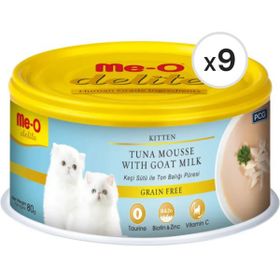 Me-O Delite 80 gr 9 Adet Kitten Ton Balığı Püresi ve Keçi Sütlü Tahılsız Yavru Kedi Konservesi