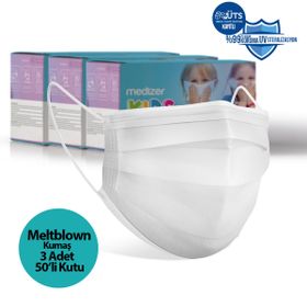 Medizer 3 Katlı MELTBLOWN Kumaş 150 Adet - Burun Telli Beyaz Full Ultrasonik Cerrahi Çocuk Maskesi