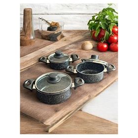 Mehtap Granit Güveç Set 3'lü Cam Kapaklı Granit Mini Tencere Takımı