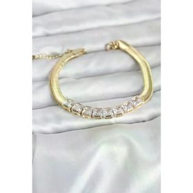 Meks 5886 316L Çelik Gold Renk Kare Zirkon Taşlı Yılan Zincirli Kadın Bileklik