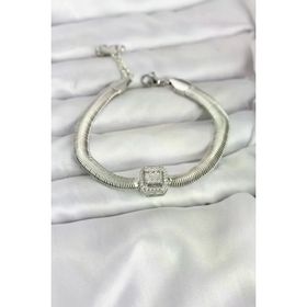 Meks 5886 316L Çelik Gümüş Renk Baget Zirkon Taşlı Yılan Zincirli Kadın Bileklik