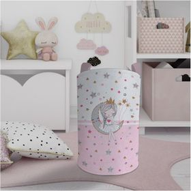 Mekta Home Ayda Oturan Prenses Kız Desenli Pembe Bebek ve Çocuk Odası Oyuncak Sepeti