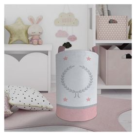 Mekta Home Çelenk ve Yıldız Desenli Pembe Gri Çerçeveli Bebek ve Çocuk Odası Oyuncak Sepeti
