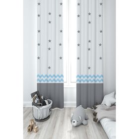 Mekta Home Gri Mavi Yıldız Desenli 2 Kanat Bebek ve Çocuk Odası Fon Perde