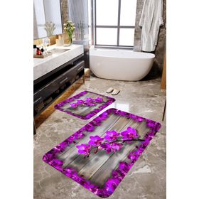 Mekta Home MKTBP-022 60x10050x60 cm 3 Boyutlu Mor Menekşe Desenli 2'li Banyo Paspas Takımı