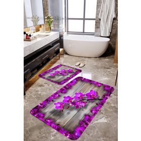 Mekta Home MKTBP-022 60x10050x60 cm 3 Boyutlu Mor Menekşe Desenli 2'li Banyo Paspas Takımı
