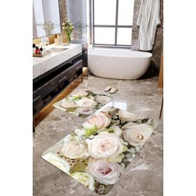 Mekta Home MKTBP-075 60x100 50x60 cm Beyaz Gül Desenli 2'li Banyo Paspas Takımı