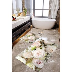 Mekta Home MKTBP-075 60x100 50x60 cm Beyaz Gül Desenli 2'li Banyo Paspas Takımı