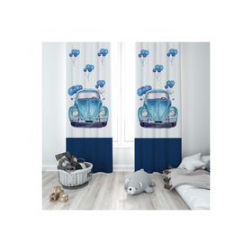 Mekta Home MKTP-228 Mavi Araba ve Balonlu Çocuk ve Bebek Odası 2 Kanat Fon Perde