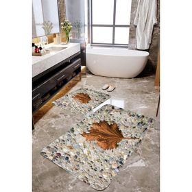Mekta Home MKTPP-2006 60x100 50x60 cm 3 Boyutlu Çınar Yaprak ve Taş Desenli 2'li Banyo Paspas Takımı
