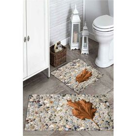 Mekta Home MKTPP-2006 60x100 50x60 cm 3 Boyutlu Çınar Yaprak ve Taş Desenli 2'li Banyo Paspas Takımı