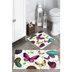 Mekta Home MKTPP-2011 60x100 50x60 cm 3 Boyutlu Kelebek ve Taşlı 2'li Banyo Paspas Takımı