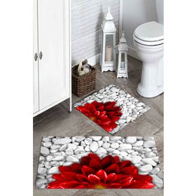Mekta Home MKTPP-2015 60x100 50x60 cm 3 Boyutlu Kırmızı Çiçekli 2'li Banyo Paspas Takımı