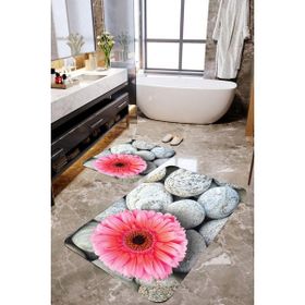 Mekta Home MKTPP-2031 60x100 50x60 cm 3 Boyutlu Pembe Çiçek ve Taş 2'li Banyo Paspas Takımı