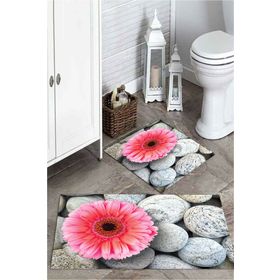 Mekta Home MKTPP-2031 60x100 50x60 cm 3 Boyutlu Pembe Çiçek ve Taş 2'li Banyo Paspas Takımı