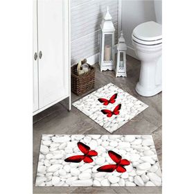 Mekta Home MKTPP-2034 60x100 50x60 cm 3 Boyutlu Kelebek ve Taşlı 2'li Banyo Paspas Takımı