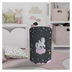 Mekta Home Pembe Bulut Üzerinde Unicorn Desenli Siyah Bebek ve Çocuk Odası Oyuncak Sepeti